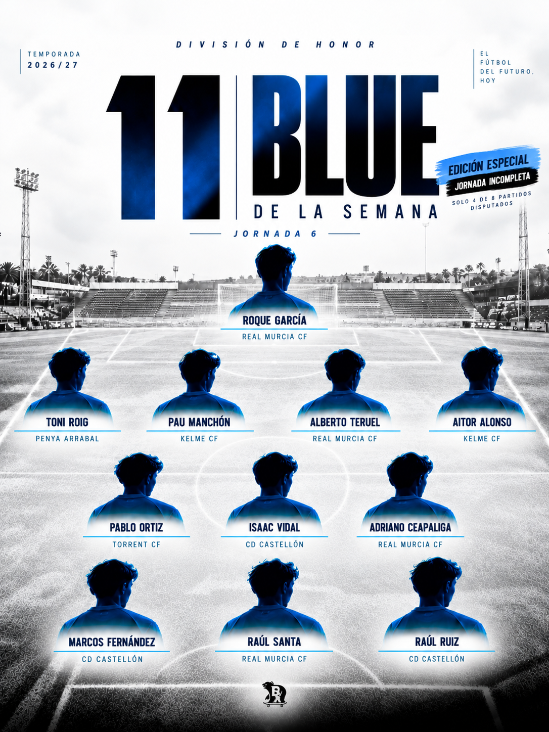 11 BLUE de División de Honor Juvenil, Jornada 6 2026/27: edición especial con once futbolistas de los cuatro partidos disputados.