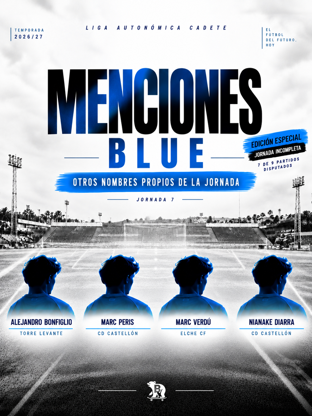 Creatividad oficial 11 BLUE de las menciones especiales, Liga Autonómica Cadete, Jornada 7 2026/27: Alejandro Bonfiglio, Marc Peris, Marc Verdú y Nianake Diarra.