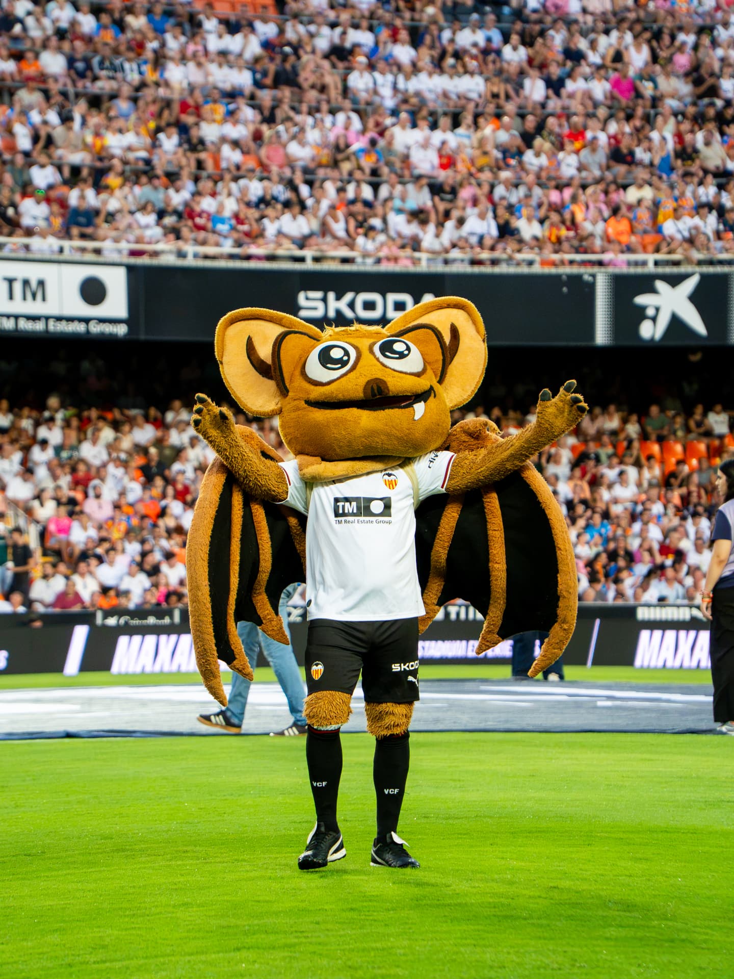 El murciélago anima a la grada de Mestalla